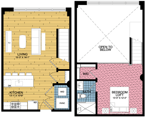 Floor plan for 1 bed, 1 bath, 615 sqft